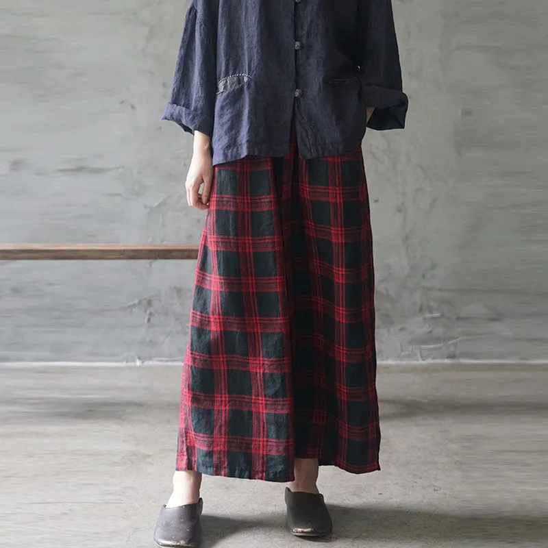 Для женщин клетчатый хлопчатобумажный элистичные средней посадки прямые брюки