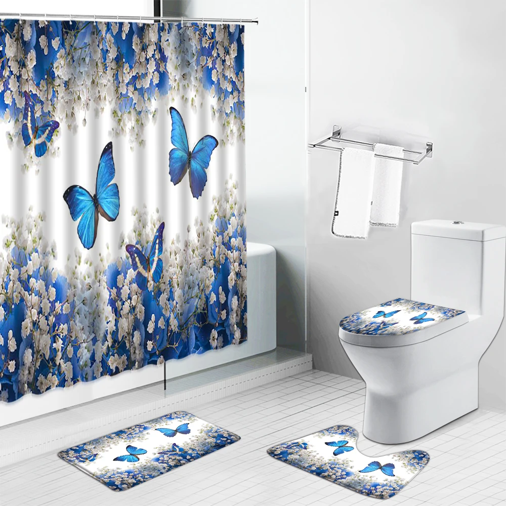 

European Style Rural Oil Painting Scenery Shower Curtains Set Garden Spring Landscape Bathroom Decor Bath Mat Toilet Cover Rug