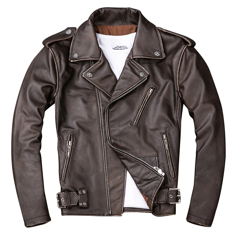 Мужская винтажная байкерская куртка из воловьей кожи с отложным воротником