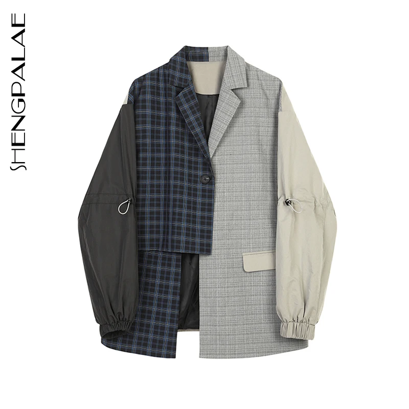 Женское Асимметричное пальто SHENGPALAE свободное клетчатое соединение с длинным