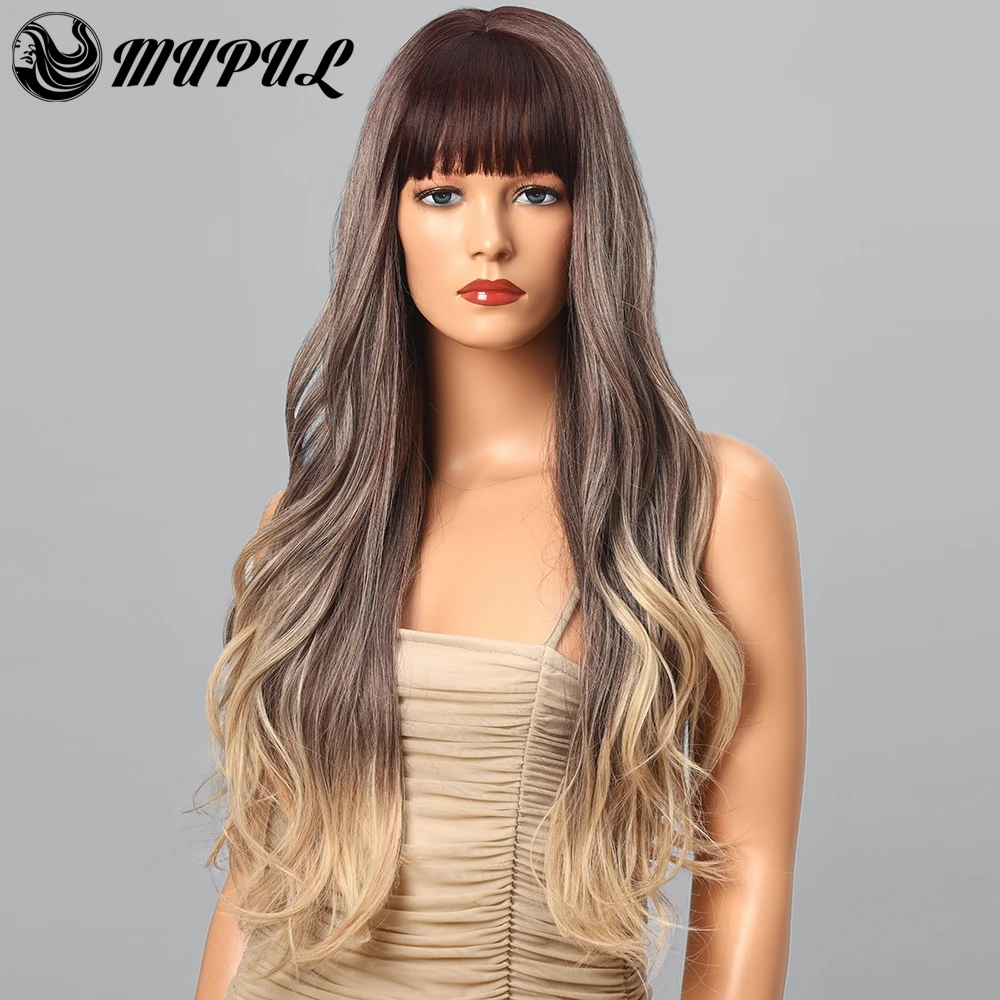 

Ombre Long Wavy Brown Daily Synthetic Wig For White Women Wigs With bangs Blonde Heat Resistant Girl Hair Cosplay Female Wigs
