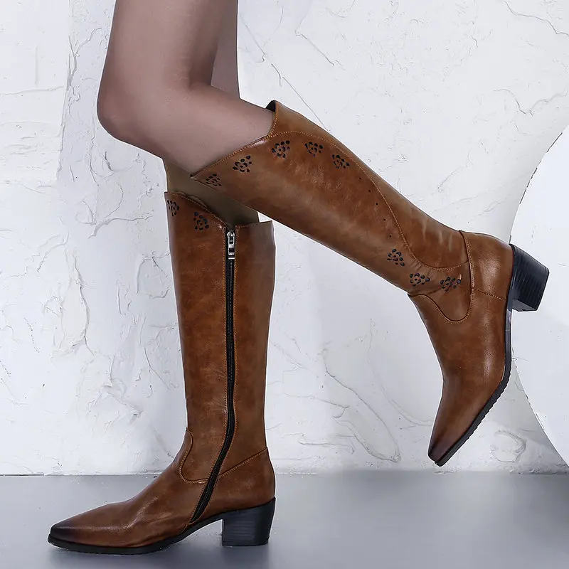 

Сапоги рыбий хвост женские до середины икры, заостренный носок, молния, высокие сапоги до колена в ретро стиле, с вырезами, цветы, большой размер 43