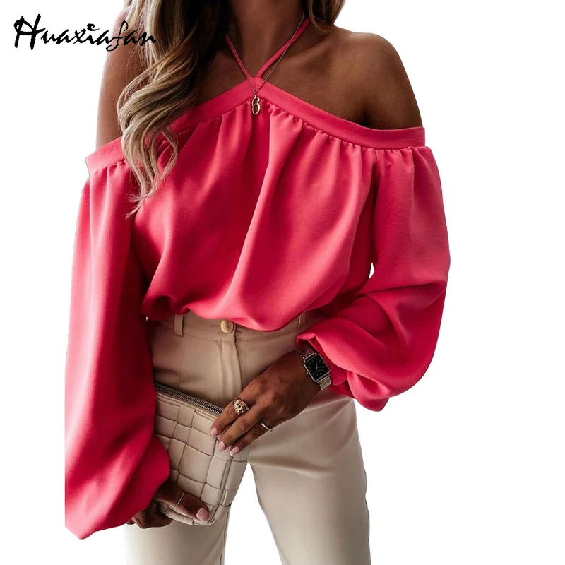 

Huaxiafan Casual Off Shoulder Tops Women Summer Halter Blouses Sexy Elegant Party Long Sleeve Plus Size T-shirts Tees 2021 Top
