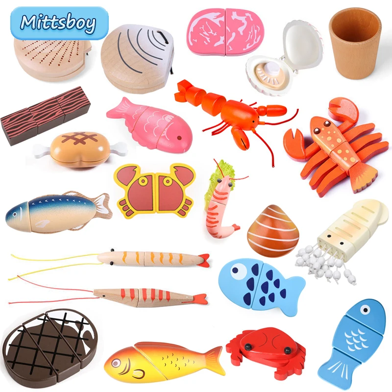 New Montessori Simulation Animal Magnetic Play House Fish Shrimp Crab Shell Seasoning Sashimi Baking Toy Wooden Educational Toys