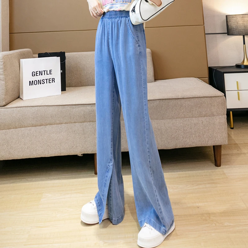 

Women Elastic Waist Loose Split Denim Pants 2021 Summer Casual Thin High Waist Wide Leg Pant Women Long Length Trousers Jeans