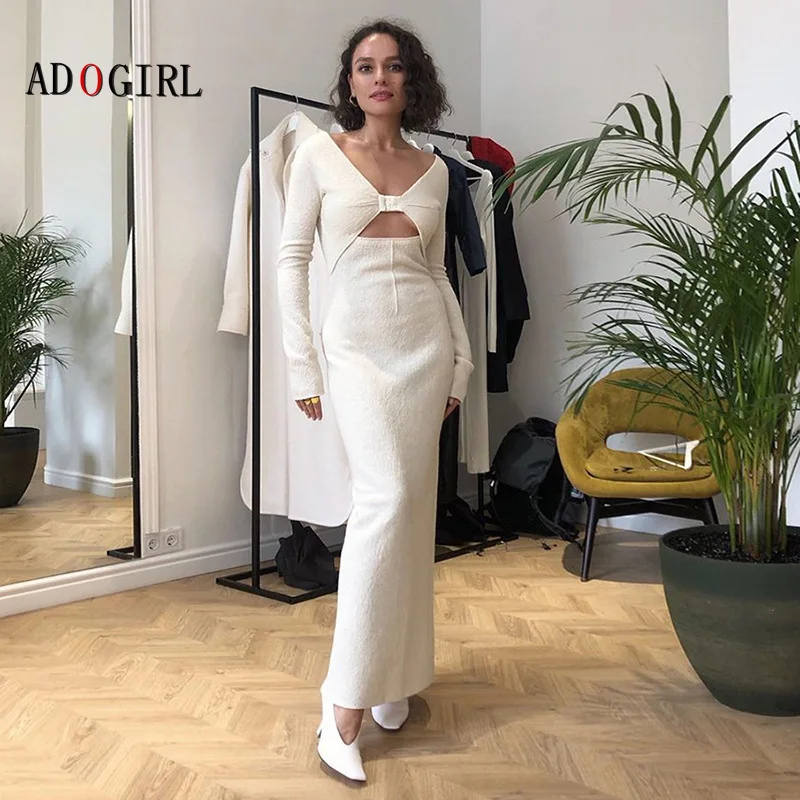 

Adogirl Women V-Neck Hollow Out Sexy Long Dress Full Sleeve Bodycon Autumn Winter Slim Outfit Streetwear Fashion Outfits White