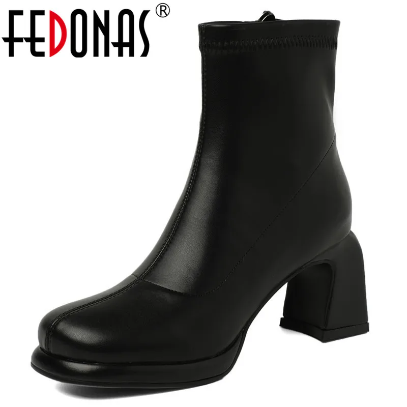 

FEDONAS Side Zipper High Heels Pumps Female Square Toe Top Quality Winter Ankle Boots For Women Newest Party Wedding Shoes Woman
