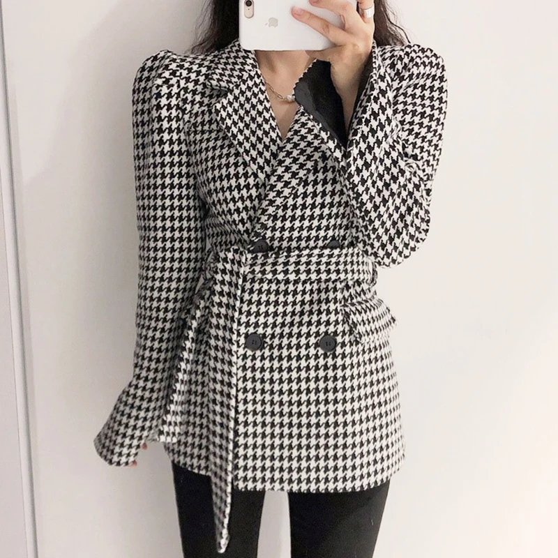 

Korean Chic Autumn Retro Suit Collar Double-breasted Bandage Waist Cuffs Split Houndstooth Woolen Coat Women