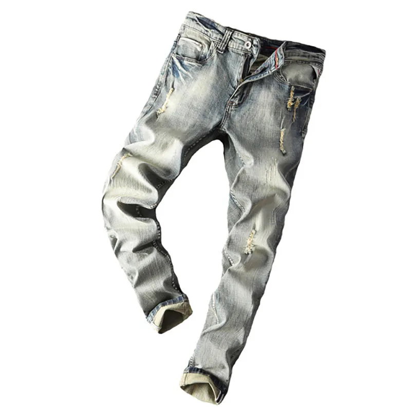 

Autumn Men Blue Grey Jeans Long Regular Pencil Pants Vintage Fashion Ripped Denim Trousers Europe Streetwear Casual Plus Size