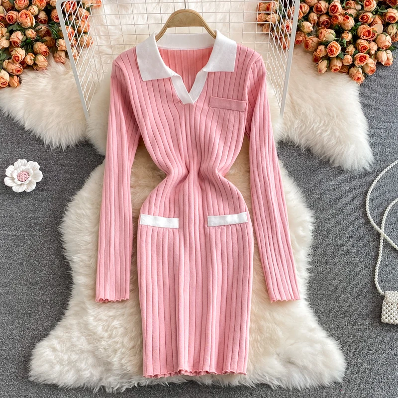 

Autumn Winter Sexy Bodycon Knit Dress Female Korean Sweater Dress Elastic Slim Turndown-Collar Long Sleeve Short Dress