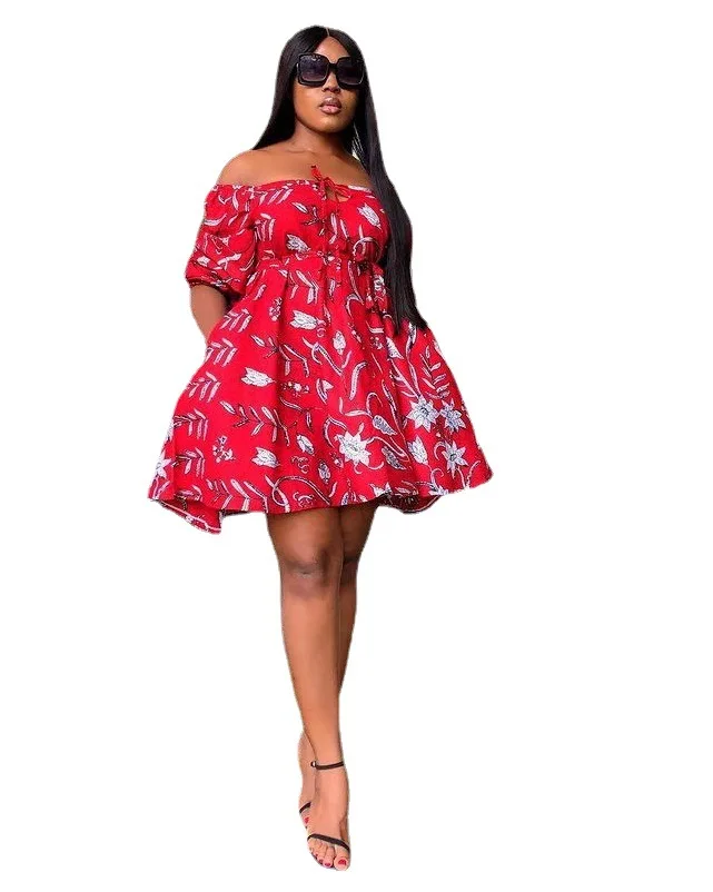 

Women Printed Dress Off Shoulder Vintage High Waist A Line Vintage Female Summer Sexy Date Out Evening African Fashion Robes New
