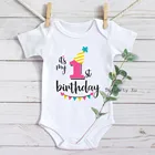 2022 милые летние товары первой необходимости для детей одежду 1st на день рождения для новорожденных, для девочек и мальчиков, Детский комбинезон с короткими рукавами из хлопка на день рождения для малышей, комплекты одежды