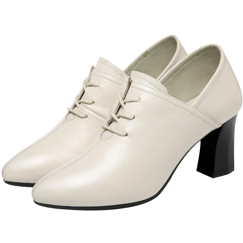 

Ladies pointed toe thick heel shoes, lace-up solid color shoes, women