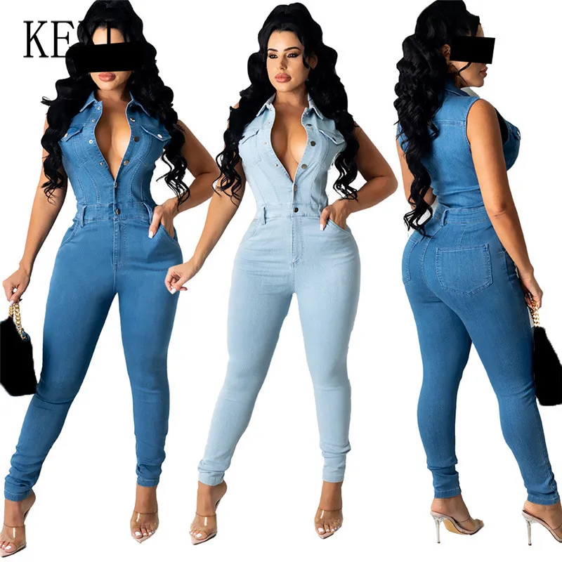

KEXU Cowboy Jumpsuits Single Breasted Turn Down Collar Off Shoulder Sleeveless Pockets Hollow Out Sexy Casual Party Club Wear