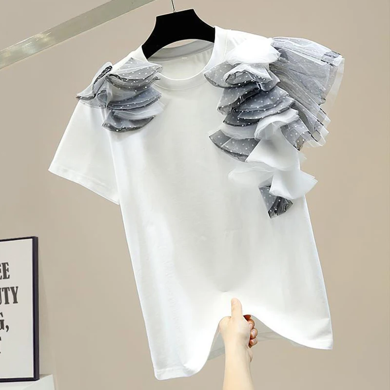 Женская футболка в горошек свободная Милая Сетчатая с круглым вырезом и бантом