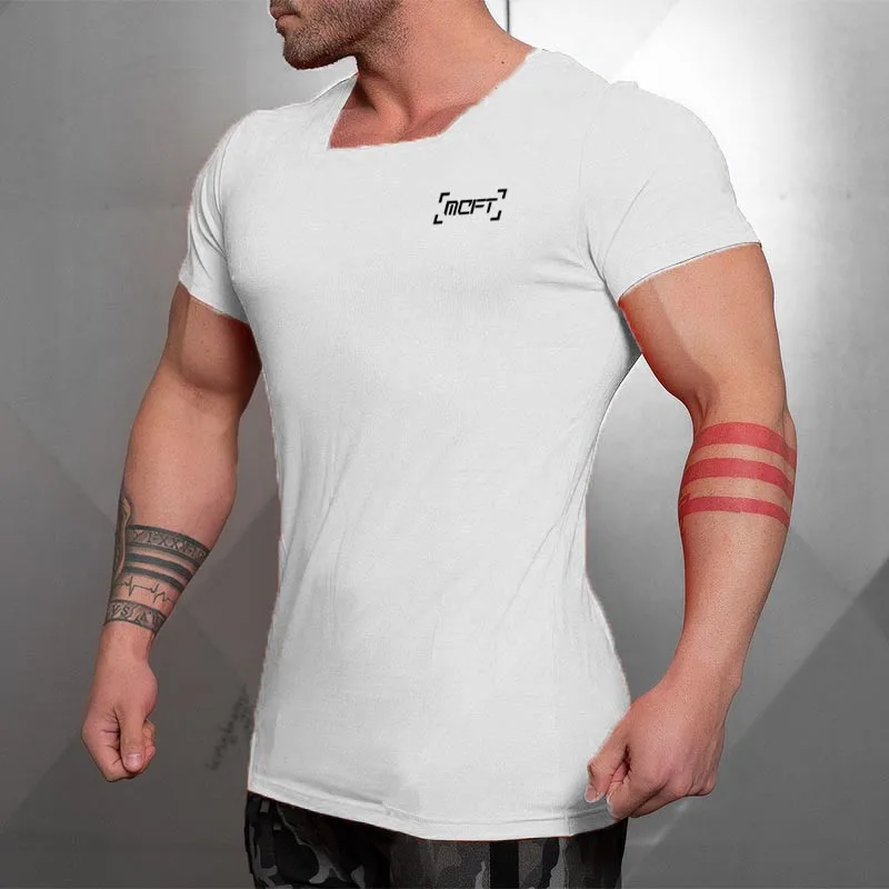 

Summer Gyms T shirt Mens Brand Clothing Fitness T-shirt Compression Square Collar Short Sleeve Tshirt Bodybuilding Workout Tees
