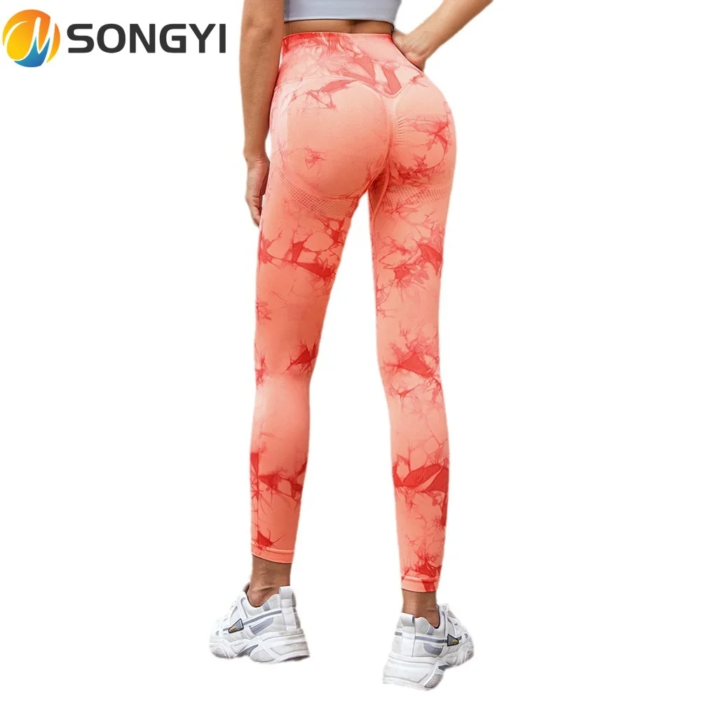 

SPONGYI Tie Dye High Waist Womens Fitness Yoga Pants Peach Hip Lifting Sports Tights Quick-drying Running Cropped Pants Y300