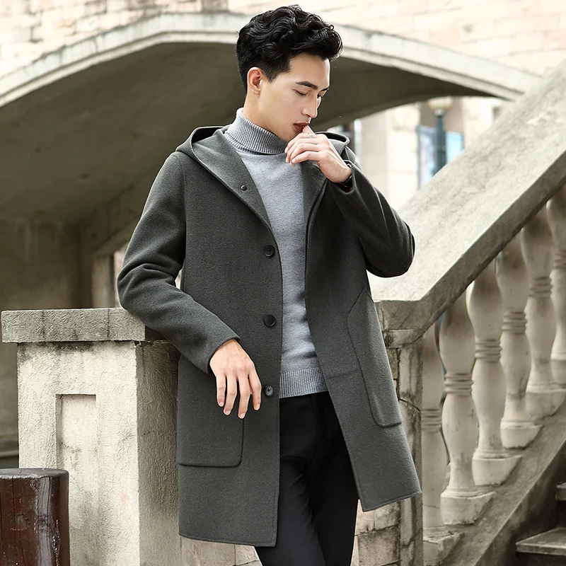 Пальто из натуральной шерсти осенне зимняя мужская куртка с капюшоном