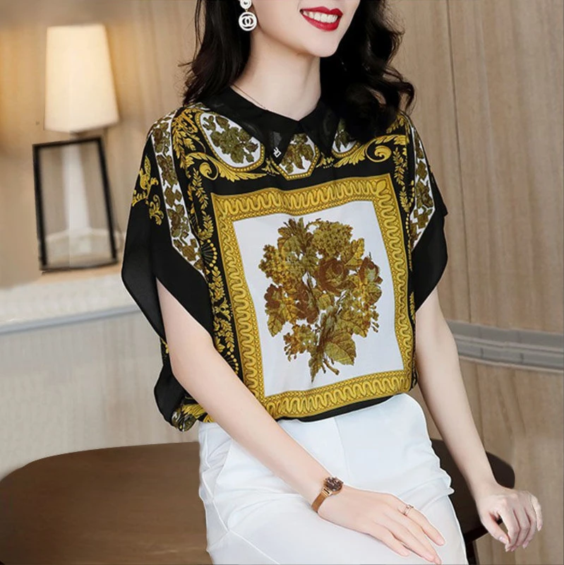 

Large size women's summer new silk T-shirt top loose print bat shirt
