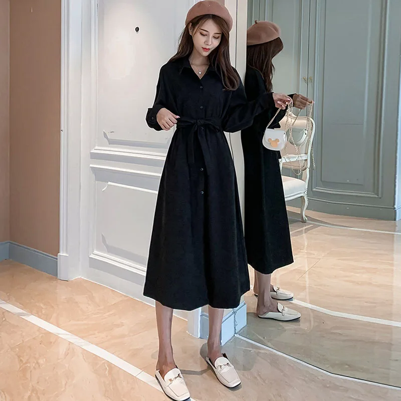 Женские повседневные вельветовые платья с длинным рукавом черные Kawaii винтажные