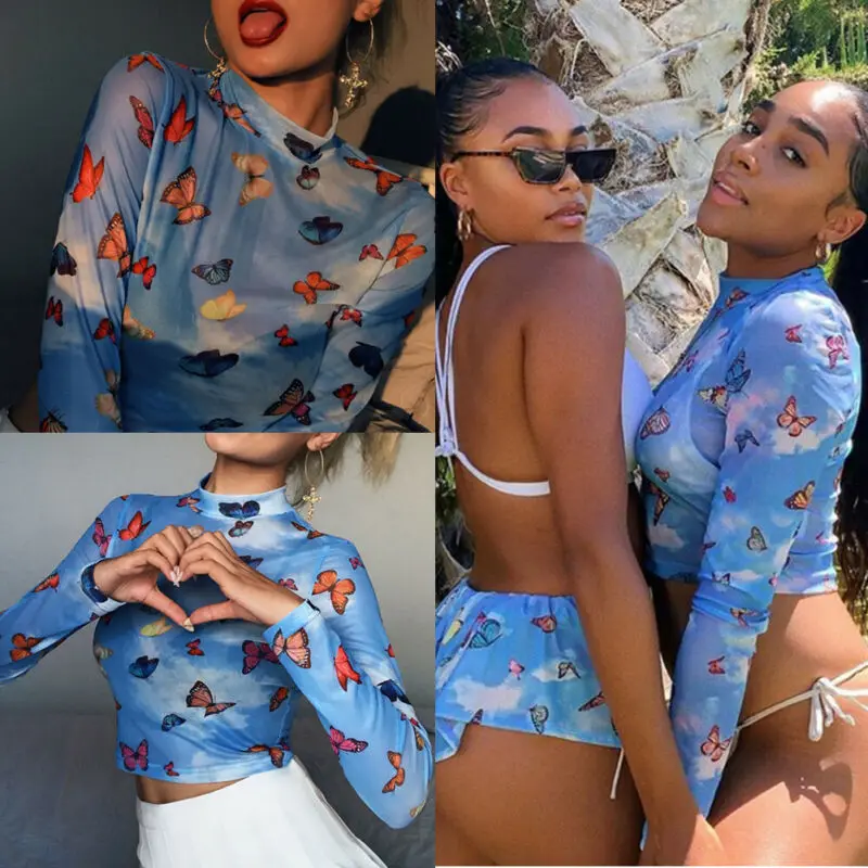 

Fashion Sexy Women's See through Lace Mesh Sheer Long Sleeve Uncovered Midriff Crop Top Blouse Tee