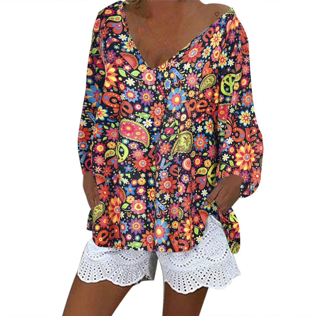 

V-neck printed blouse plus size women's puff sleeve long