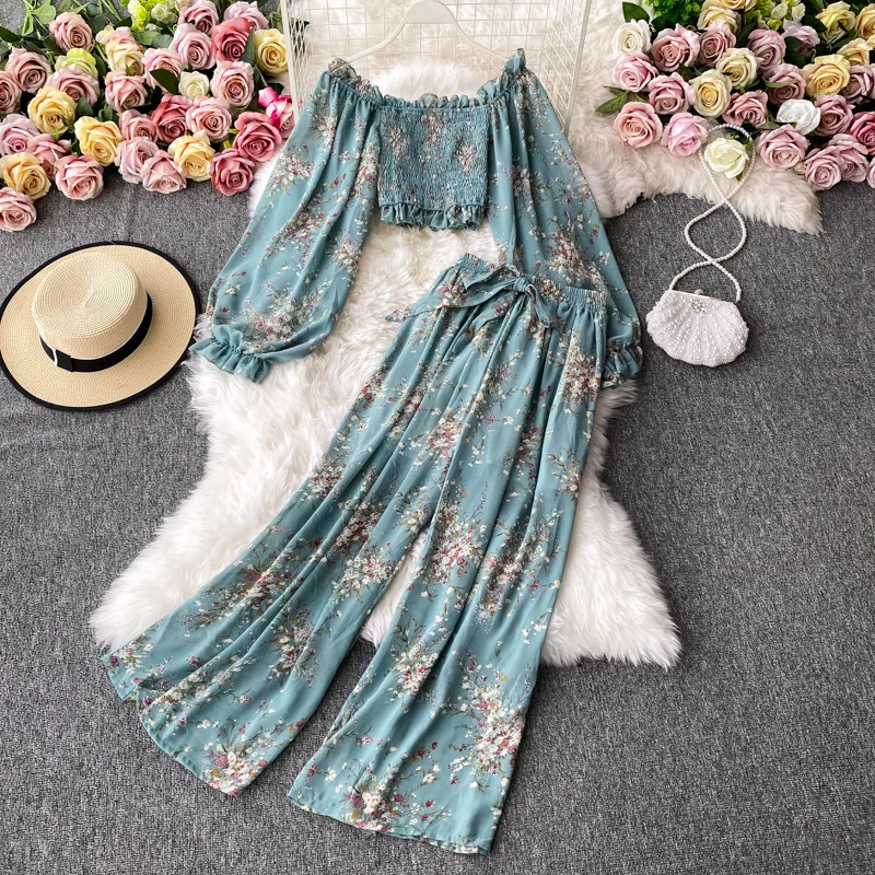 

Fashion Women Sets Square Collar Floral Print Chiffon Cropped Women Tops High Waist Wide Leg Straight Long Pants Two-Piece Sets