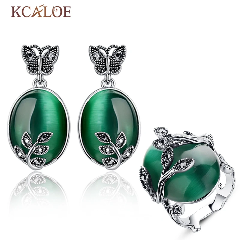 Женские винтажные серьги и кольца KCALOE набор украшений с большим зеленым опалом