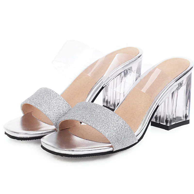 

AGODOR Clear Heels Mules Transparent Shoes Women High Heels Outdoor Slippers 2020 Summer Block Heel Female Shoes Big Size 12