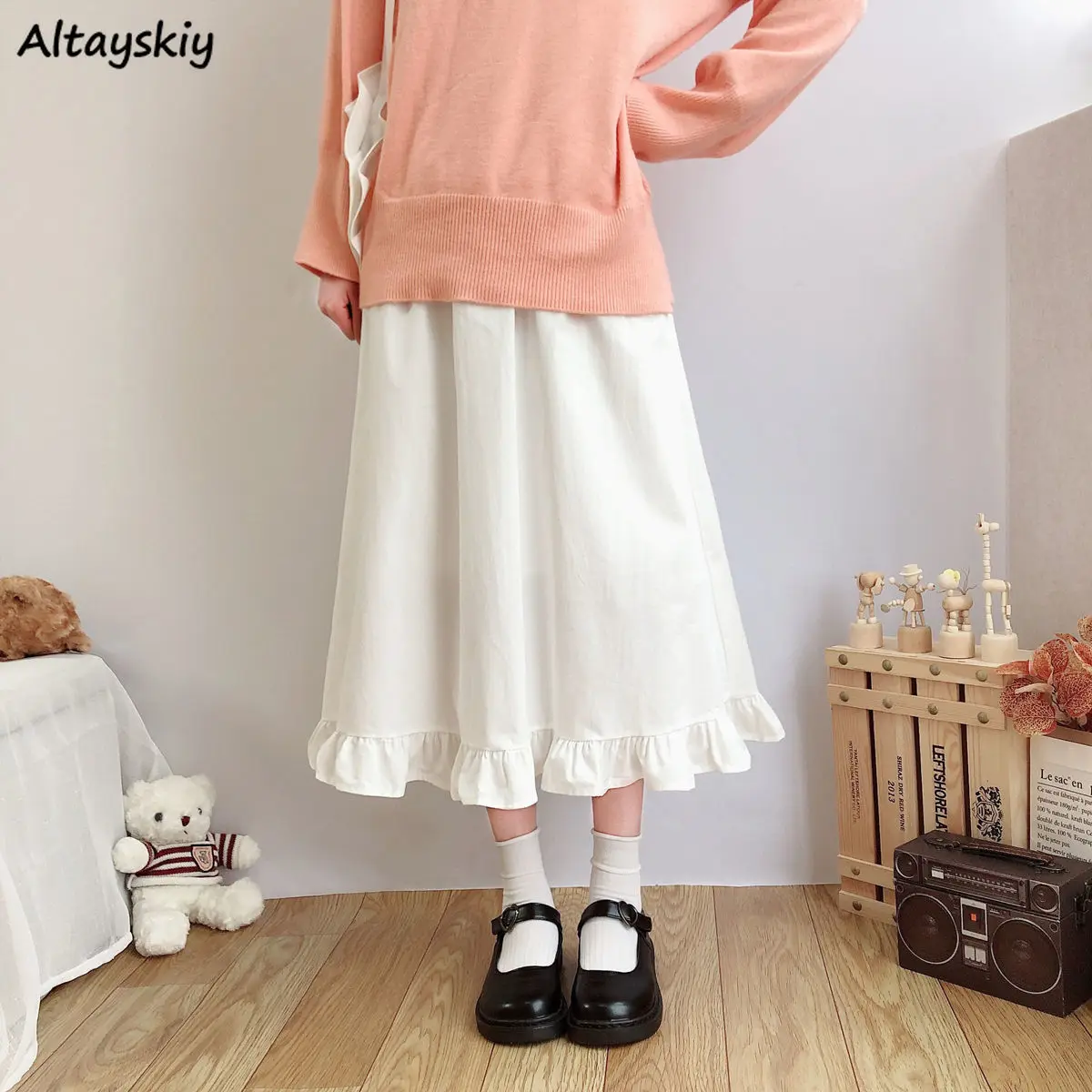 

Юбка Женская средней длины с оборками, однотонная белая нежная Универсальная юбка-трапеция в японском стиле, Элегантная Модная элегантная ...