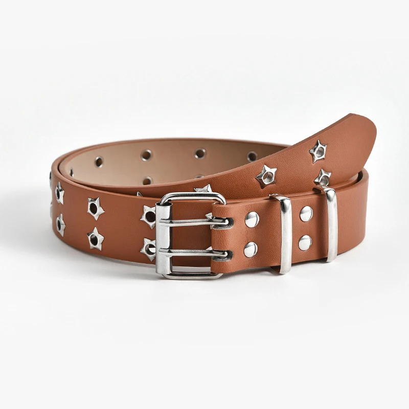 

2020 Fashion PU Leather Adjustable Waistband Alloy Pin Buckle Grommet Double Star Waist Belt Eyelet Two Row Hole Punk Belts