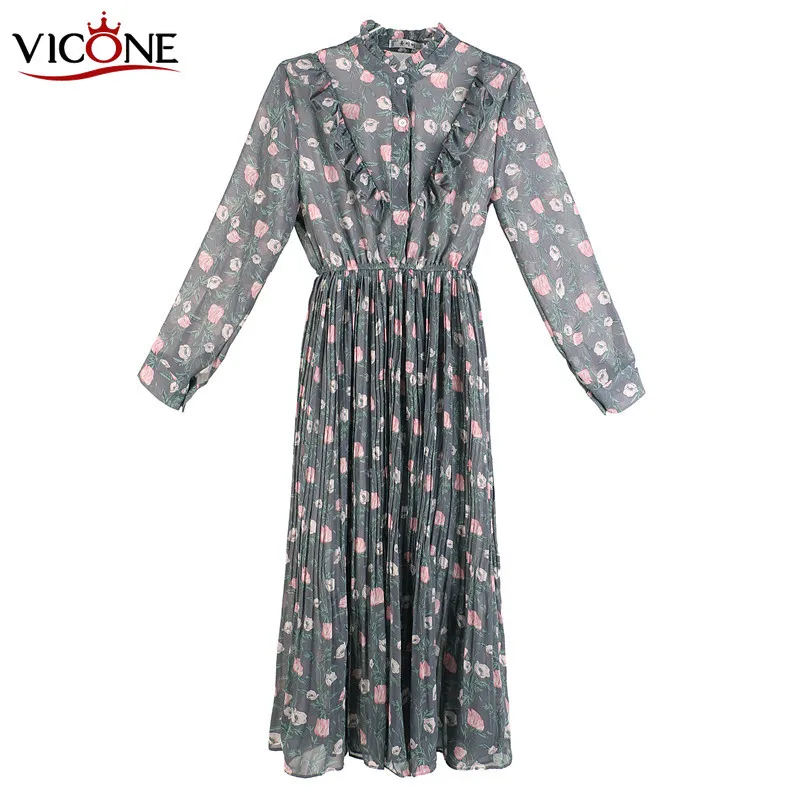 

VICONE S-3XL Elegant Ruffle Printed Women Dress Long Sleeve A-line Female Dress 2020 Vintage Women Midi beach dress