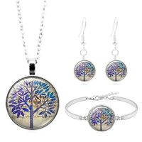 fashion tree of life cabochon glass pendant necklace bracelet bangle earrings jewelry set totally 4pcs for womens charm jewelry