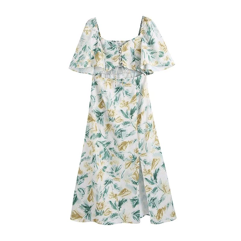 

Print Summer Dress Boho Elegant Bandage Flare Sleeve Back Elastic Long Dress Vacation Sexy Hollow Out Split Sheath Party Dress