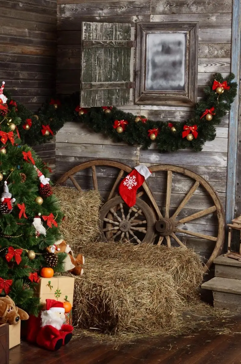 

Wooden Christmas House Snow Backdrops For Photography Dark Green Door Photographic Studio Photo Backgrounds Christmas Tree Decor