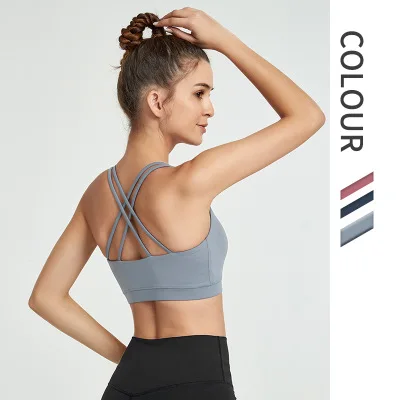 

Yoga Vest Women Sports Bra Underwear Gym Workout Running Push-up Halter Cross-Back Crop Bra Solid Color Fitness Top