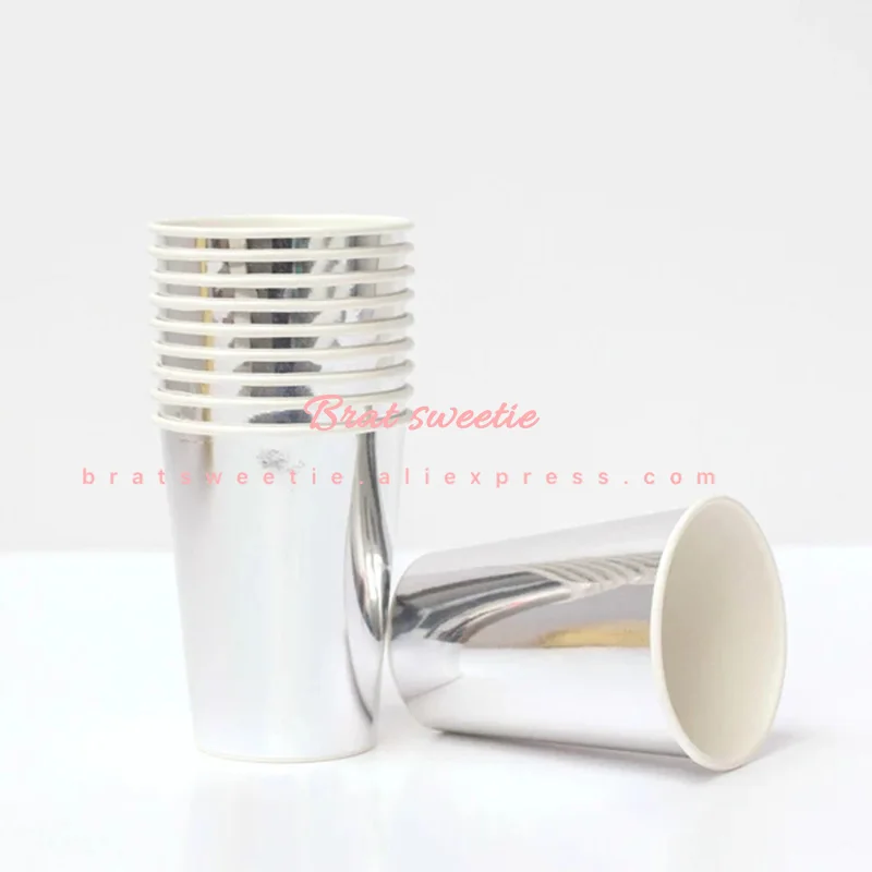 Серебристый металлик одноразовая посуда бумага соломинки тарелки для свадьбы