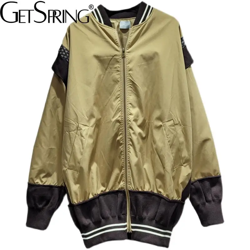 

Getspring Women Coat Knitting Patchwork Color Matching Long Jackets And Coats Casual Loose Autumn And Winter Overcoat 2021 New