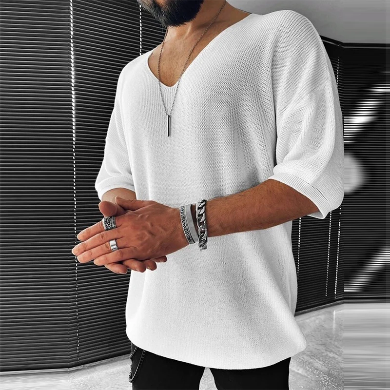 

Summer Short Sleeve Knitted Sweater Solid Male V-neck Fashion Tops Pullover Streetwear Men Casual Loose Autumn Sweaters Jumper