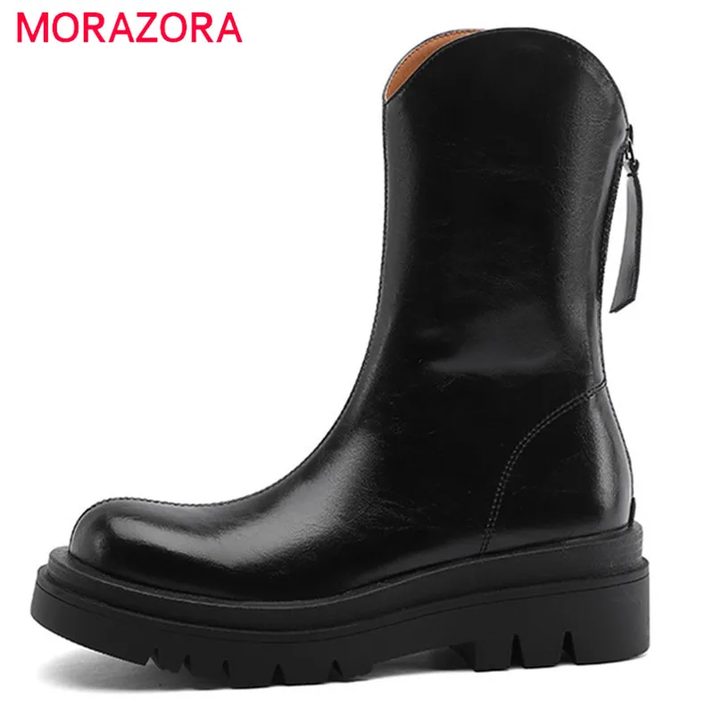 

MORAZORA 2022 New Arrive Genuine Leather Ankle Boots Women Flat Shoes Autumn Winter Western Boots Women Platform Shoes Black