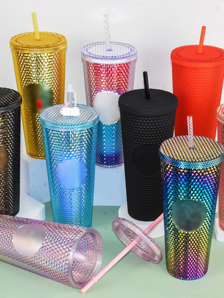 

Venti 710ml 24oz Studded Tumbler Cup Double Wall Plastic Black Gold Oil Slick Gradient Pink Bling Studded Tumbler With Straw
