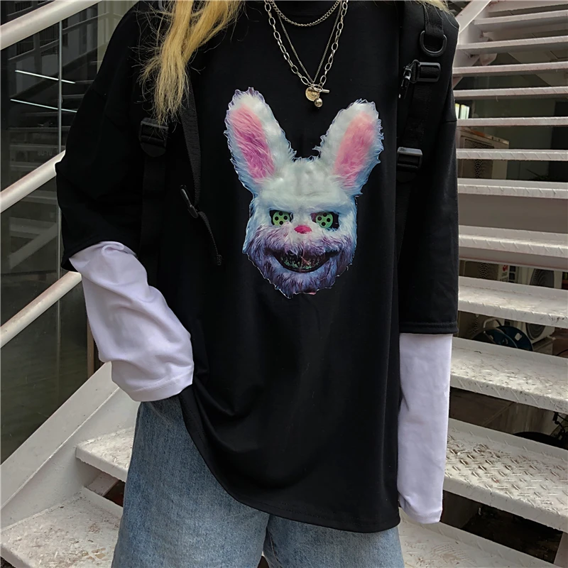 Lychee Harajuku, о-образный вырез, Лоскутная женская футболка, длинный рукав, Поддельные 2 штуки, осенние женские футболки, принт с темным Кроликом, женская футболка