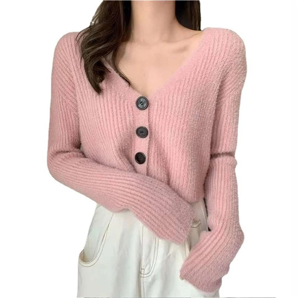 

Вязаный кардиган, свитера, зимние простые пуговицы, милая Женская Осенняя куртка, блузка, женские удобные топы для отдыха на открытом воздух...