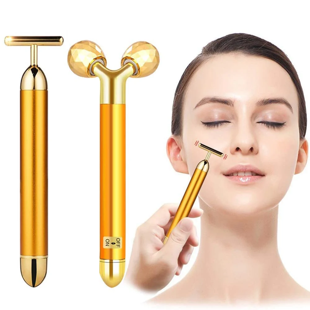 

JYTOP 2Pcs/Set 24k Gold Beauty Bar Facial Roller Face Skin Anti Aging Wrinkle Therapy Massage