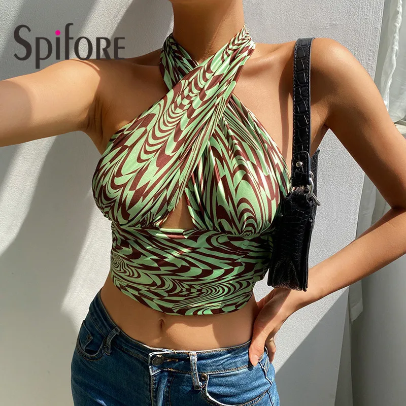 

Spifore Sexy Off Shoulder Halter Tops Women Print Summer Backless Sleeveless Club Y2k Women Crop Top