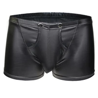 sexy open bulge pouch mens boxers underwear briefs pu pocket patent faux leather shorts underpants solid color breathable