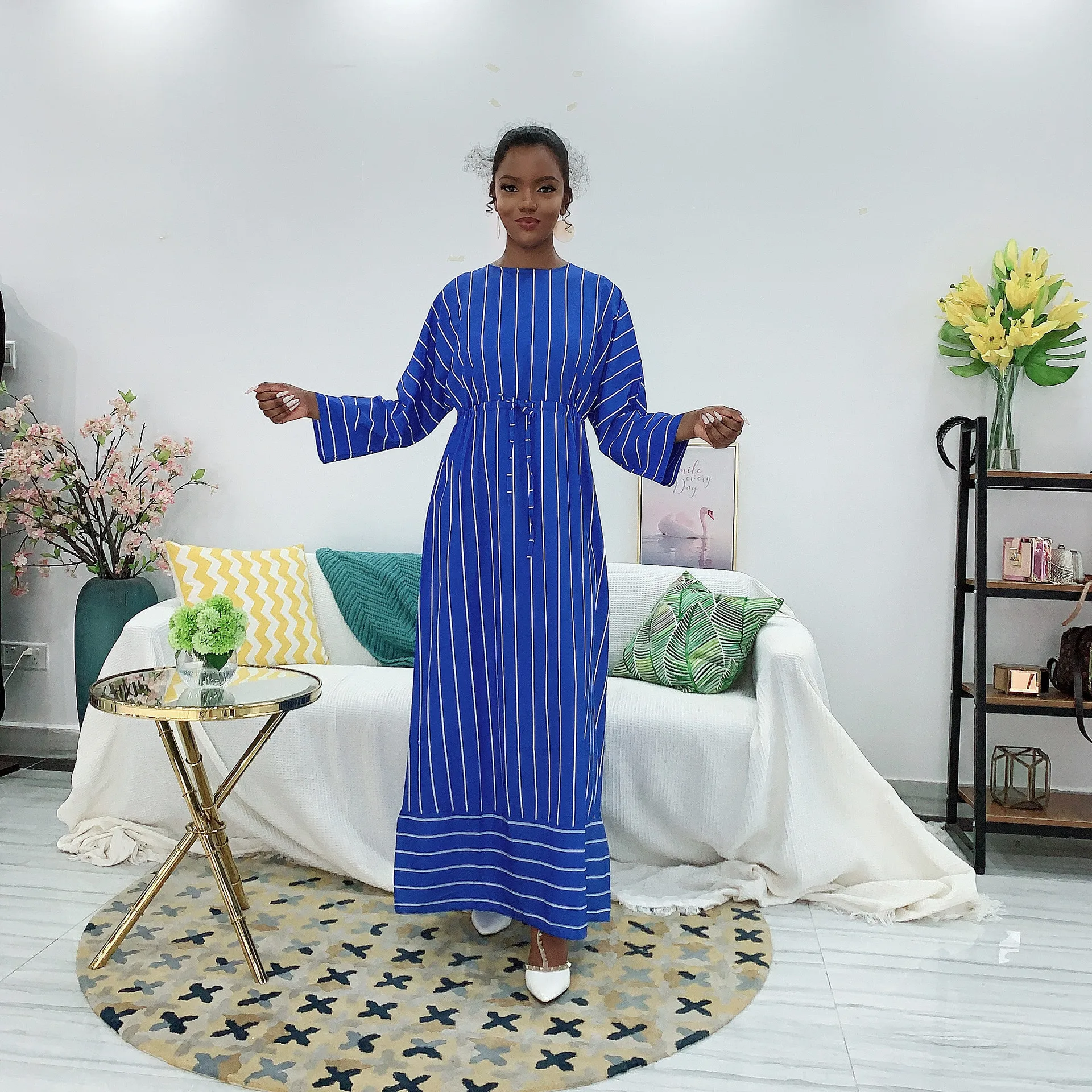 

Donsignet Muslim Dress Middle East Islam Ramadan Eid Dubai Abaya Turkey Striped Long Horn Sleeve Muslim Fashion Robes Plus Size