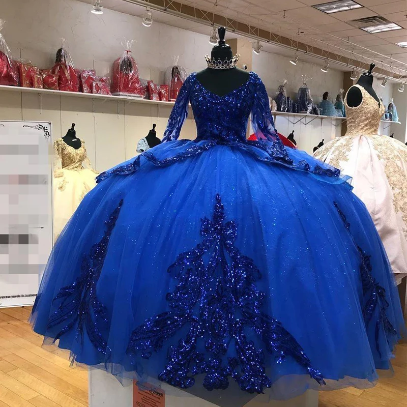 

Royal Blue 2022 Ball Gown Quinceanera Dresses Lace Appliqued Long Sleeve Prom Gowns Sweep Train Tulle Sweet 15 Masquerade Dress