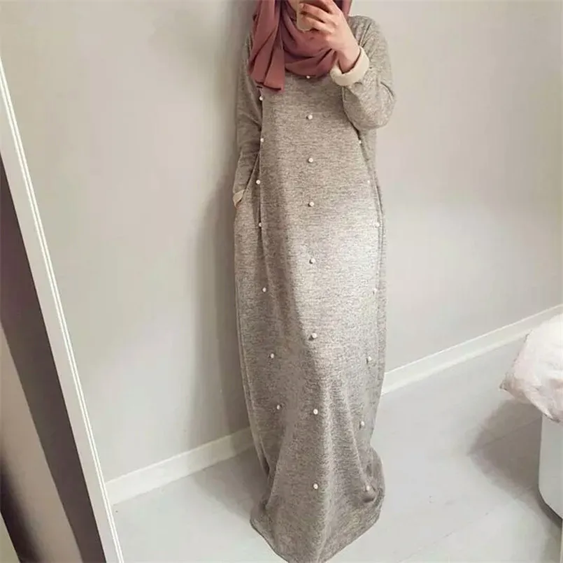 Light Gray Новинка длинное повседневное хлопковое женское длинное мусульманское платье с жемчужным карманом, модная Турецкая мусульманская одежда, халат Musulmane, роскошная абайя - Цвет: Light Gray