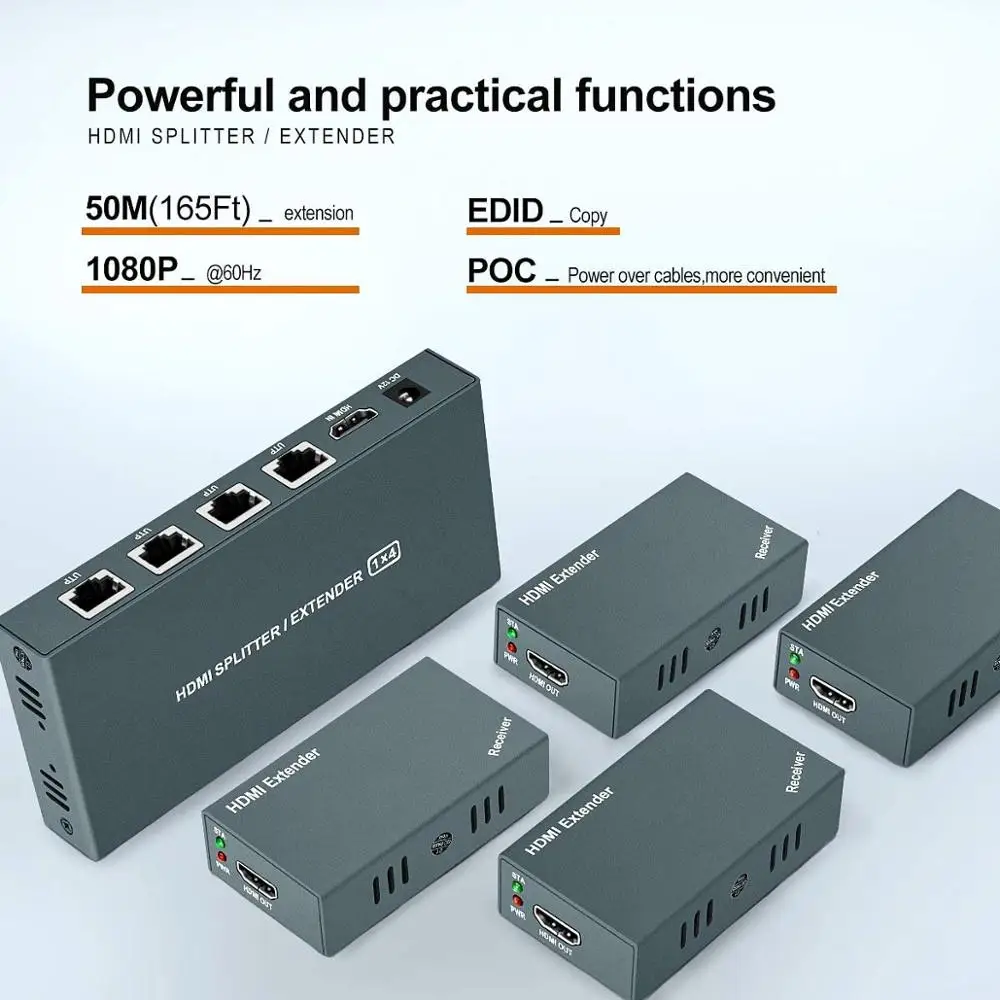 

1x4 HDMI Extender Splitter Over Cat5e/Cat6/Cat7 Ethernet Cable Up to 50m/165ft - EDID Management & Bi-Directional IR Remote